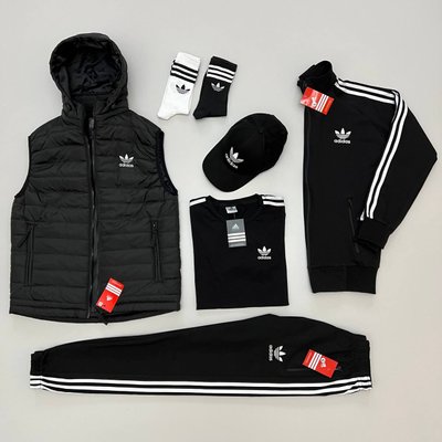 Костюм Adidas чоловічий Жилетка+Кофта+Штани+Футбока+Кепка+Шкарпетки колір Чорний розмір XS, J016 Men-J016 фото