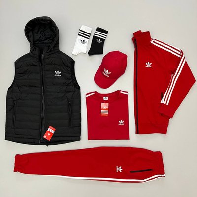 Костюм Adidas чоловічий Жилетка+Кофта+Штани+Футбока+Кепка+Шкарпетки колір Червоний розмір XS, J016 Men-J016 фото