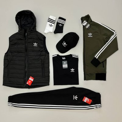 Костюм Adidas чоловічий Жилетка+Кофта+Штани+Футбока+Кепка+Шкарпетки колір Хакі розмір XS, J016 Men-J016 фото