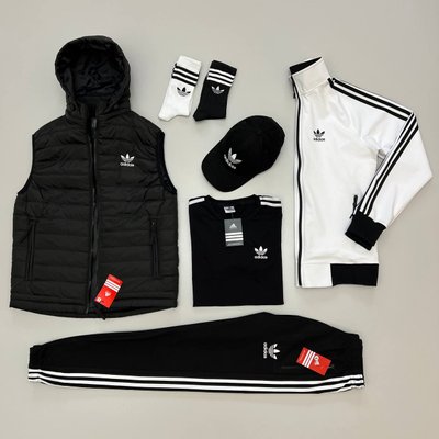 Костюм Adidas чоловічий Жилетка+Кофта+Штани+Футбока+Кепка+Шкарпетки колір Білий розмір XS, J016 Men-J016 фото