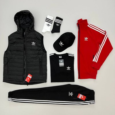 Костюм Adidas чоловічий Жилетка+Кофта+Штани+Футбока+Кепка+Шкарпетки колір Червоний розмір XS, J0161 Men-J016 фото